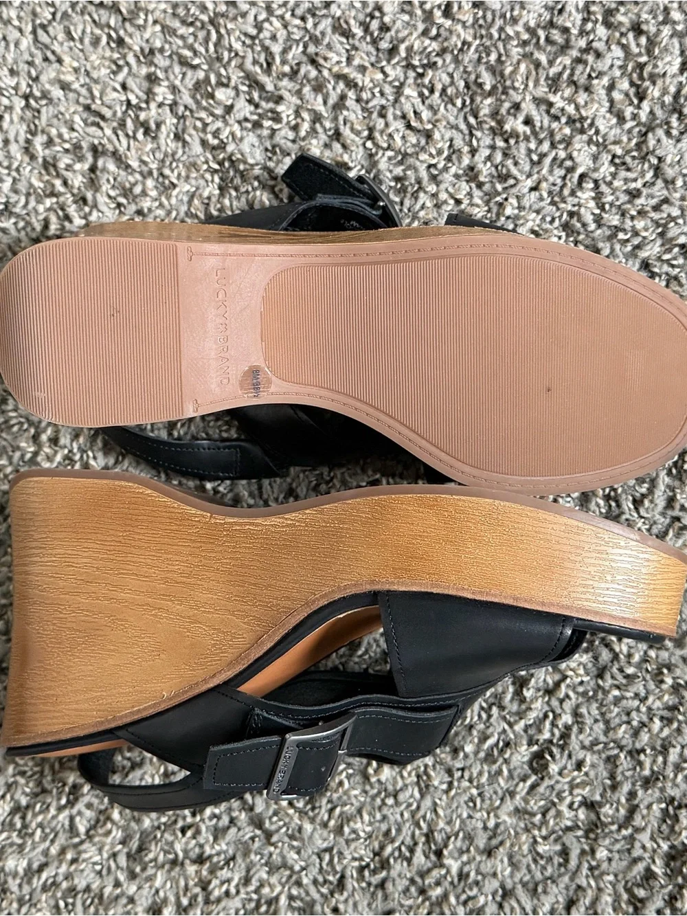 Lucky Brand Black Leather Wedge Sandals with Wood-Look Platform